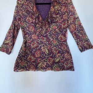 Chaps by Polo MP Purple Burgandy green & White 3/4Sleeve Ruffled V Neck Top